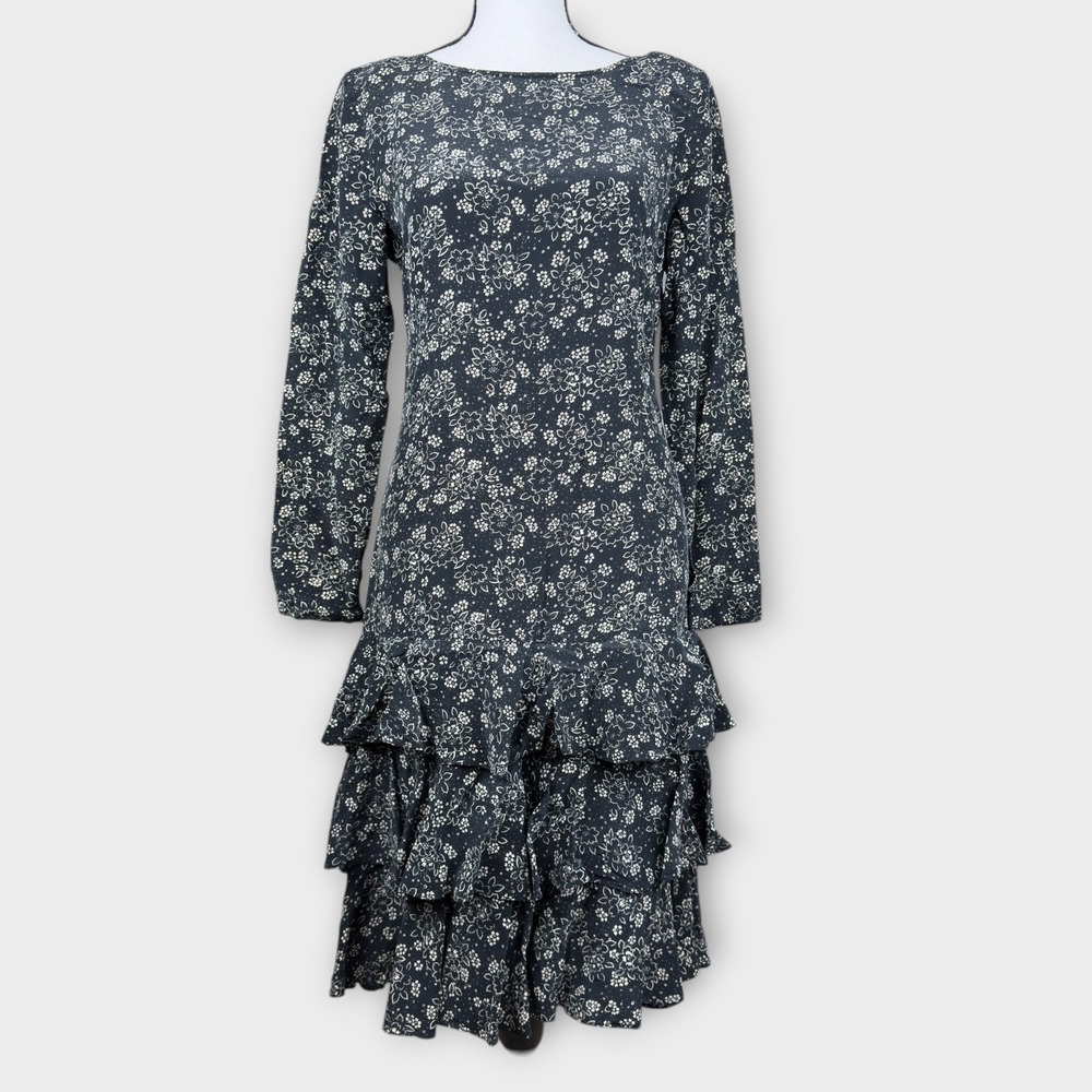 Ambria Silk Floral Tiered Ruffle Dress 6 Drop Waist Low Back Long Sleeve Vintage
